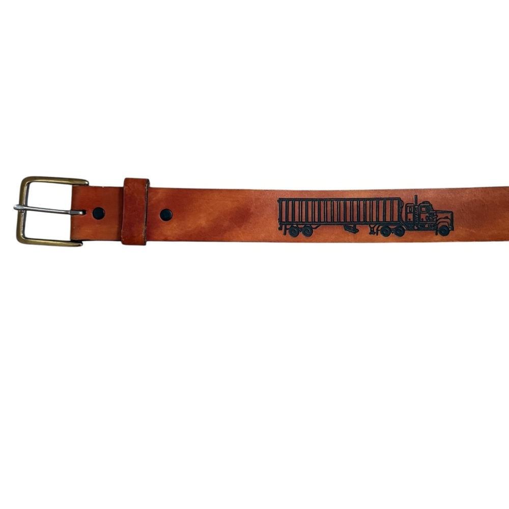 Vintage Tooled Transport Truck Brown Leather Belt Size 34 Removable Buckle USA - Picture 4 of 13